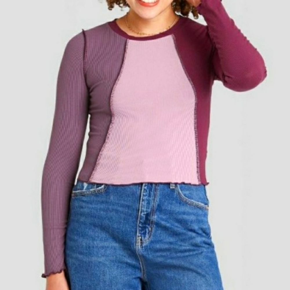 Wild Fable Purple Spliced Long Sleeved Ribbed Crop Size XL